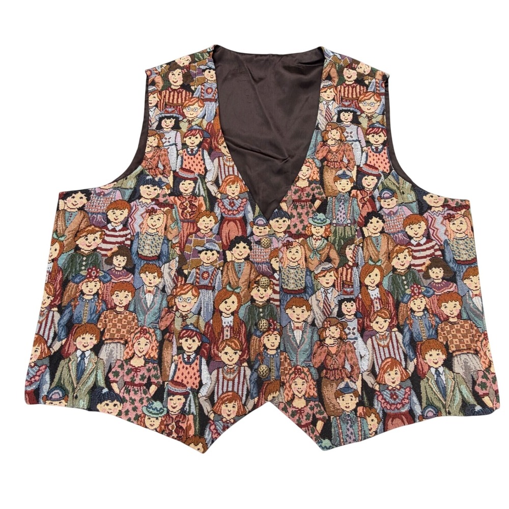 Vintage Tapestry Vest Novelty People Crowd Print Woven Button Front Multicolor